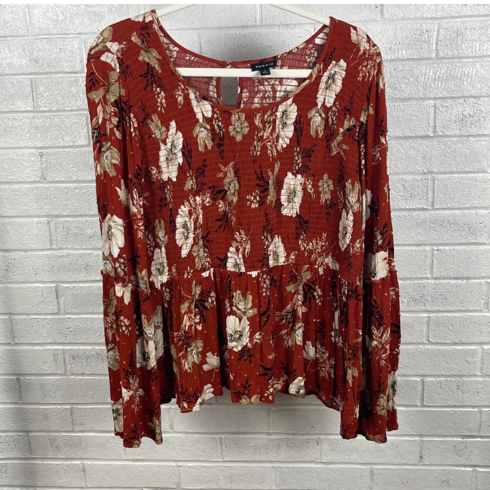 Torrid Rust Floral Smocked Peplum Top Womens 2X Boho Cottagecore Romantic